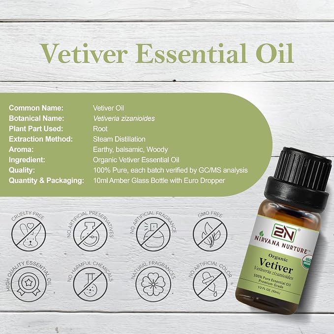 Vetiver Essential Oil, USDA Certified Organic, 100% Pure Undiluted, Aromatherapy Oil for Diffuser, Hair & Skin Care