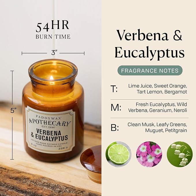 Paddywax Artisan Apothecary Scented Candle with Lid in Reusable Glass Jar, Clean-Burn Soy Candle with Approx. 54 Hour Burn Time, Verbena & Eucalyptus, 8 oz.