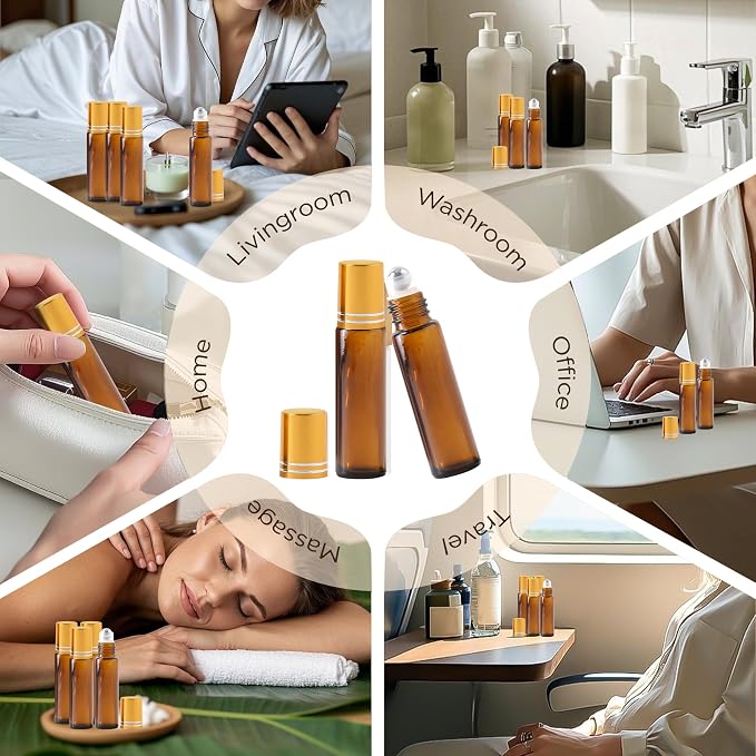 Essential Oil Roller Bottles, 10ml Thick Glass Perfume Roller Bottles with Funnel Opener and Dropper Colored Glass Empty Bottles with Stainless Steel Roller Balls (Brown - golden cover, 4 Pack)