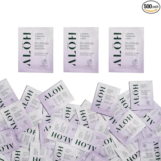ALŌH Skin - Softening Sanitizing Hand Wipes – Lavender Rosewood + Aloe - 1 Box of 500ct Individually Wrapped Wipes