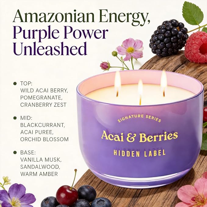 Hidden Label Acai & Berries Scented Candle, 18oz 3 Wick Large Soy Wax Candle, 70 Hour Burn | Non Toxic Aromatherapy Candle for Home, Mood Boost & Energy | Luxury Candle Gift for Women and Men