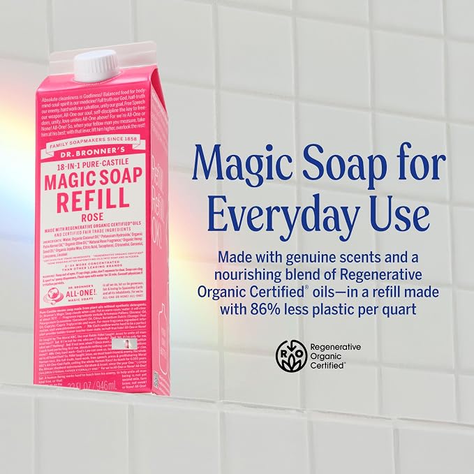 Dr. Bronner's Magic Soap-Pure-Castile Liquid Soap Refill (Rose 32 ounce, 2-Pack)-Regenerative Organic Certified Oils, For Body, Hair, Laundry, Pets & Dishes, Concentrated, Vegan, Non-GMO
