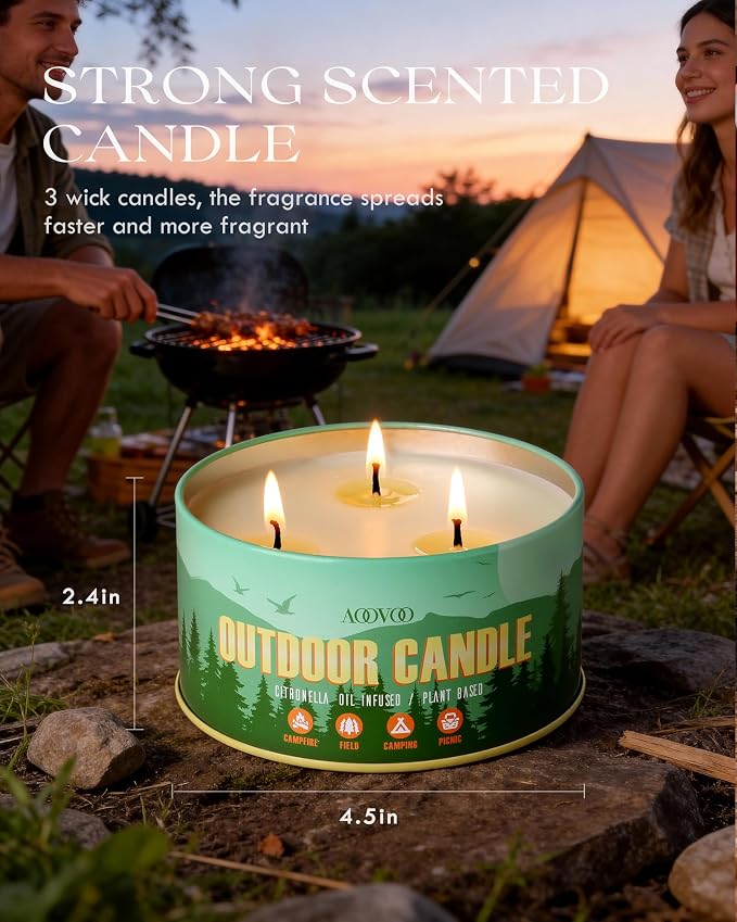 AOOVOO Citronella Candles Outdoor - 3 Wick 12oz Large Camping Candle, Natural Essential Oil Soy Wax Non Toxic, Strong Scented Candles for Outside Backyard Garden Picnic