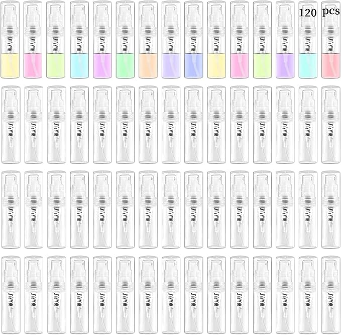 Mini Spray Bottle, Clear Plastic Empty Sample Containers, Fine Mist Perfume Travel Refillable Spray Bottle Perfume Atomizer Small Portable Bottle for Cleaning, Travel, Essential Oils(120, 2ml)