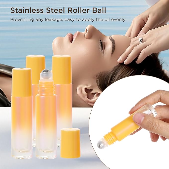 SESENSE Essential Oil Roller Bottles, 10ml Thick Glass Perfume Roller Bottles with Funnel Opener and Dropper Colored Glass Empty Bottles with Stainless Steel Roller Balls (Orange, 4 Pack)