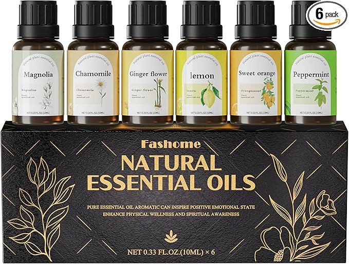 Fashome Energizing Essential Oils Set, 6-Pack,10ml for Diffusers & DIY | Citrus & Floral Aromatherapy Oils for Home Office & Focus - Peppermint, Sweet Orange, Lemon & Frankincense