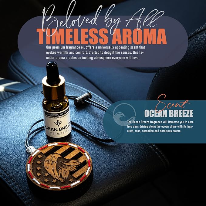 Handmade Wood Car Air Freshener — American Flag Designed Refillable Essential Oil Diffuser — Long Lasting Ocean Breeze Fragrance Oil 10 ml — Car Accessories Gift Box