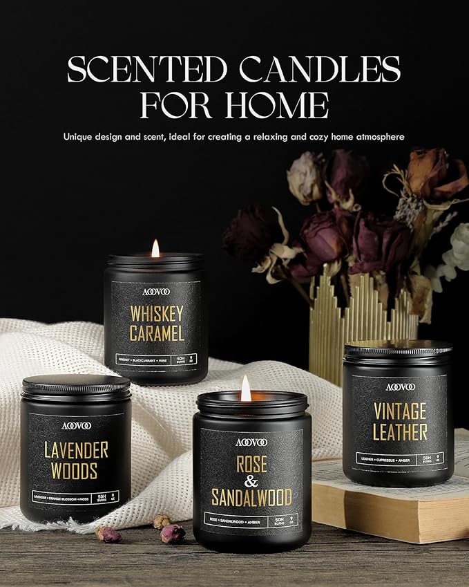 AOOVOO Scented Candles for Men - 4 Pack Candles for Home Scented, 36oz Soy Wax, 200 Hour Burn Time, Men Candle Set, Rose Sandalwood/Whiskey Caramel/Lavender/Leather Candles Set