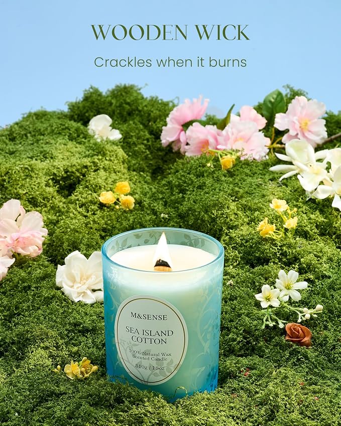 M&SENSE Sea & Cotton Scented Candle, 18oz | Cracking Wooden Wick, Soy Wax, 100 Hours Long Lasting, Non-Toxic Aromatherapy
