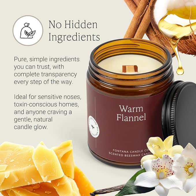 Fontana Candle Co Wood Wick Beeswax Jar Candle, Warm Flannel – Made Safe with Coconut Oil & Pure Essential Oils – 35+ Hrs Clean Burn, Long Lasting and Non-Toxic Candles for Home & Room Décor