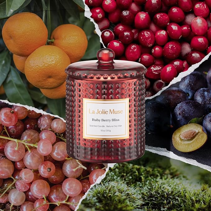 LA JOLIE MUSE Ruby Berry Bliss Scented Candle| Mandarin, Cranberry & Plum | 10 oz Festive Candle | 55 Hours Clean Burn | Gift for Hosts & Gathering | Elegant Home Decor