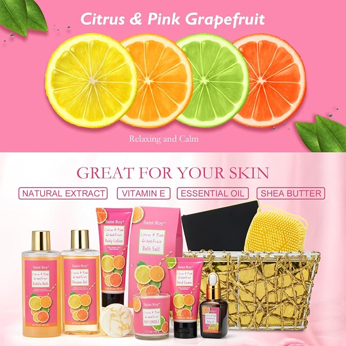 11Pcs Bath & Body Set Spa Gift Basket for Women Men, Self Care Bath Kit | Grapefruit Scents Home Spa Gift for Birthday, Christmas, Valentines, Mother Day, Anniversary Spa Kit, Self Care Pamper Gift