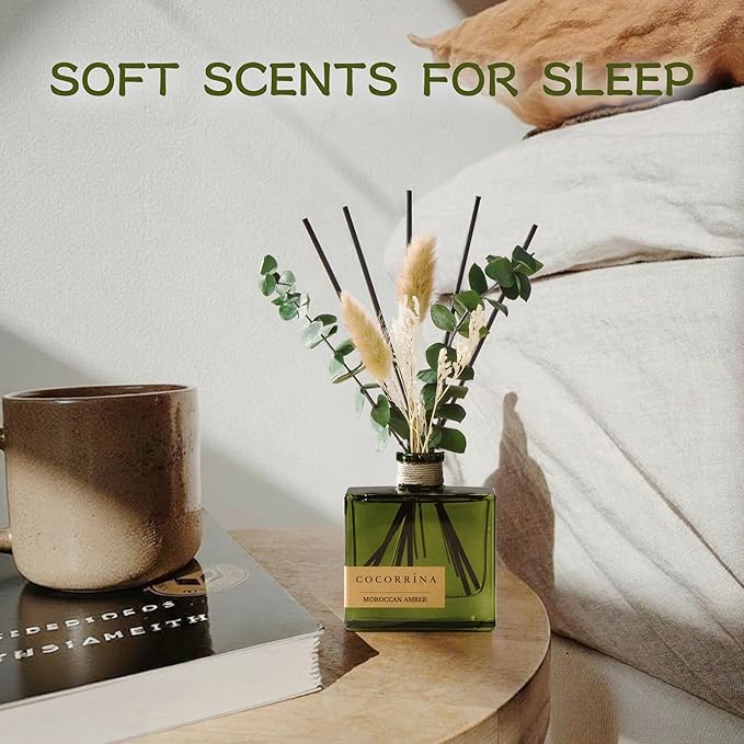 COCORRÍNA Reed Diffuser, 6.76 oz Moroccan Amber Scent Reed Diffuser with 6 Sticks & Dried Flowers, Long Lasting Elegant Fragrance Home Décor for Bathroom Bedroom Office