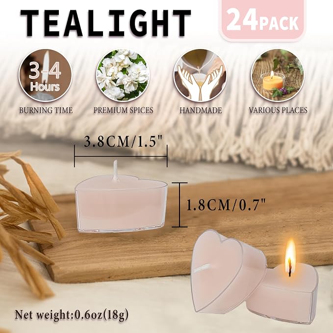 Gardenia Scented Heart Tealight Candles, Pink Scent Tea Lights Candles Clear Cup, 24 Pack Colored Tealights Candle, 4 Hour Burn Time Tea Candles for Weddings Romantic Valentine's Day Decor