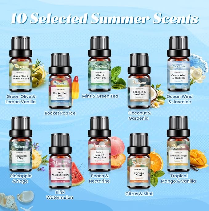Summer Essential Oils Set, Tropical Fragrance Oils for Diffusers for Home, Scented Oil for Candle & Soap Making, Coconut & Gardenia,Ocean Wind & Jasmine More 10x5ml Aromatherapy Oils Gift for Women
