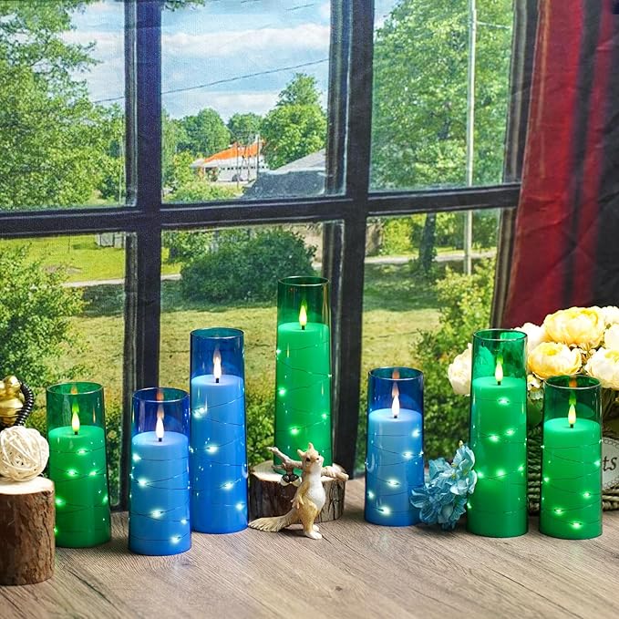Flameless Candles,with Embedded Star String, Battery Operated Candles Flickering LED Pillar Candles with Remote Control and Timer, Home Decoration Add a Warm and Romantic Atmosphere，Set of 7 (Green)
