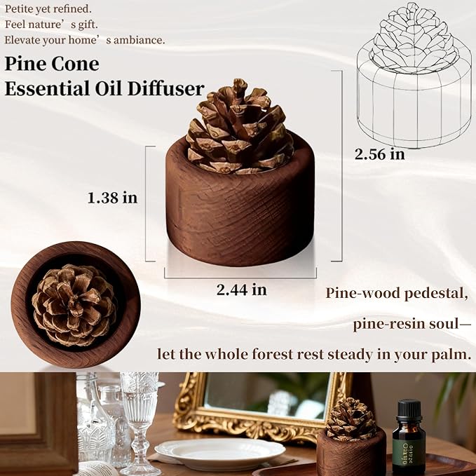 Passive Essential Oil Diffuser - Pinecone & Wooden Base Wood Diffuser for Essential Oils, Mini Aromatherapy Diffuser, Small Passive Diffusers for Home, Office, Desk & Car Decor (4)