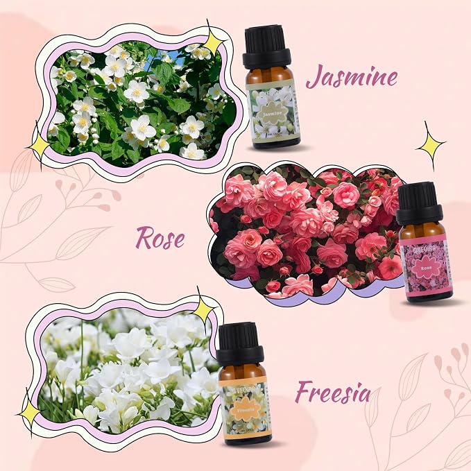 Floral Fragrance Oils Set, Premium Essential Oils Set for Diffuser, Candle, Soap Making Scented Oils, Cherry Blossom, Jasmine, Freesia, Honeysuckle, Rose, Gardenia, 6x10ml