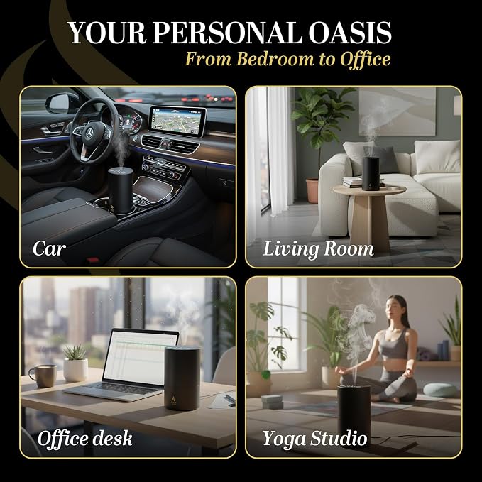 Waterless Essential Oil Diffuser, battery-operated cordless aromatherapy diffuser with timer & 3 mist levels. For car, home, office, yoga studio, nursery, bedrooms, and pet areas. Black aluminum alloy