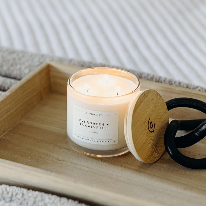 Calyan Wax Co. Evergreen & Eucalyptus 3 Wick Scented Candle - 43 Hour Burn - Luxury 3 Wick Soy Candles - Clean Soy Wax Candles - Long Lasting Large Glass Jar Candle for Home - 14.9oz