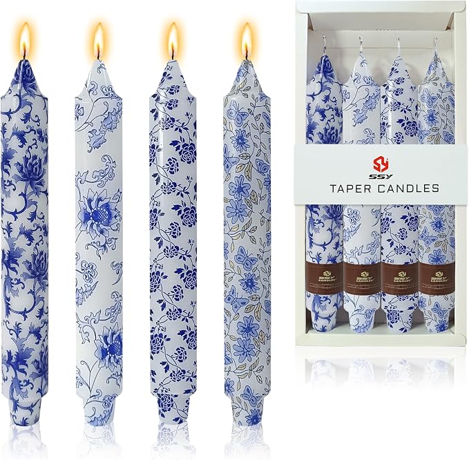 Flowers Printed Candle Taper Candles 9 inch - 4 Pack Blue and White Porcelain Candle Dripless, Smokeless, Unscented Tall Candlesticks - Perfect for Home Decor, Weddings, and Special Occasions
