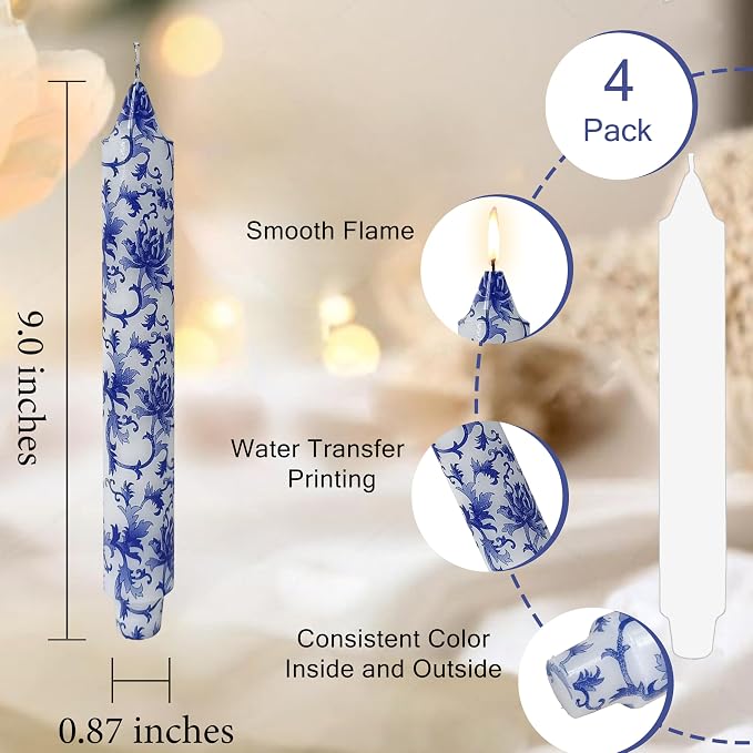 Long Blue and White Taper Candles 9 Inch Handmade Porcelain Style Wide Taper Candles Smokeless Unscented Clean Burning for Housewarming Gift New Home Entryway Cozy Hygge Bohemian Style Tall Decor
