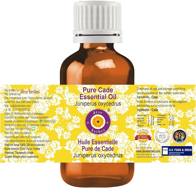Deve Herbes Pure Cade Essential Oil (Juniperus oxycedrus) Steam Distilled 30ml (1 oz)