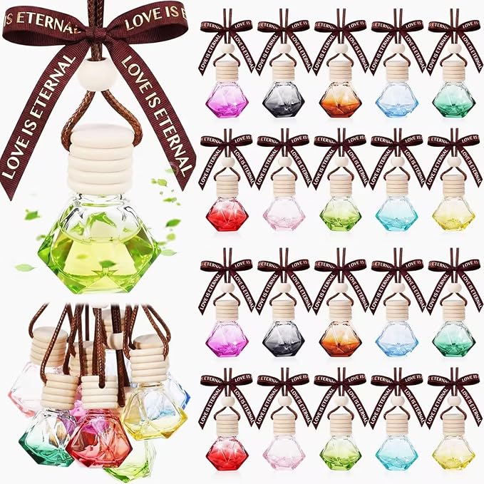 Mudder 50 Pcs Gradient Hanging Car Air Freshener Car Diffuser Bottle Pendant Empty Glass Perfume Bottle for Essential Oil Fragrance Aromatherapy Ornament Wedding Employee Gifts(Rhombus,Colorful)