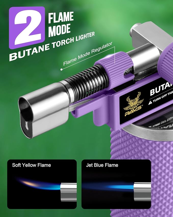 RAVS 2 Flame Mode Butane Torch Lighter, Refillable Kitchen Torch | Metal Body Cooking Torch for Baking, BBQ, Soldering Torch with Adjustable Flame & Safety Buckle,Purple, Gas Not Included