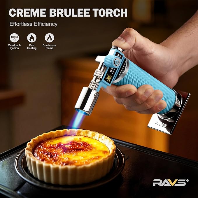 RAVS Butane Torch Lighter, Refillable Kitchen Torch with Adjustable Flame and Safety Buckle, Premium Metal Mini Torch for Baking, Soldering, Resin Art, Blue, Butane Not Included