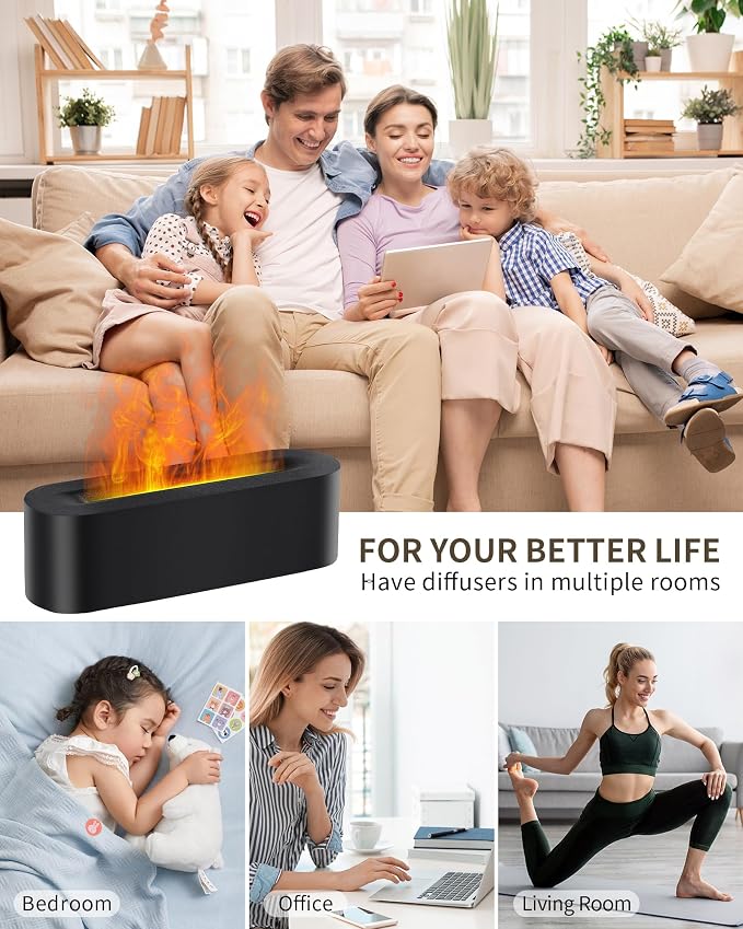 Essential Oil Diffuser with Fireplace Flame, Ultrasonic Cool Mist Humidifier for Aromatherapy, 7 Colors Light, Timer & Auto Shut-Off, Ultra Quiet for Home, Bedroom, Gift (150ml, Black)