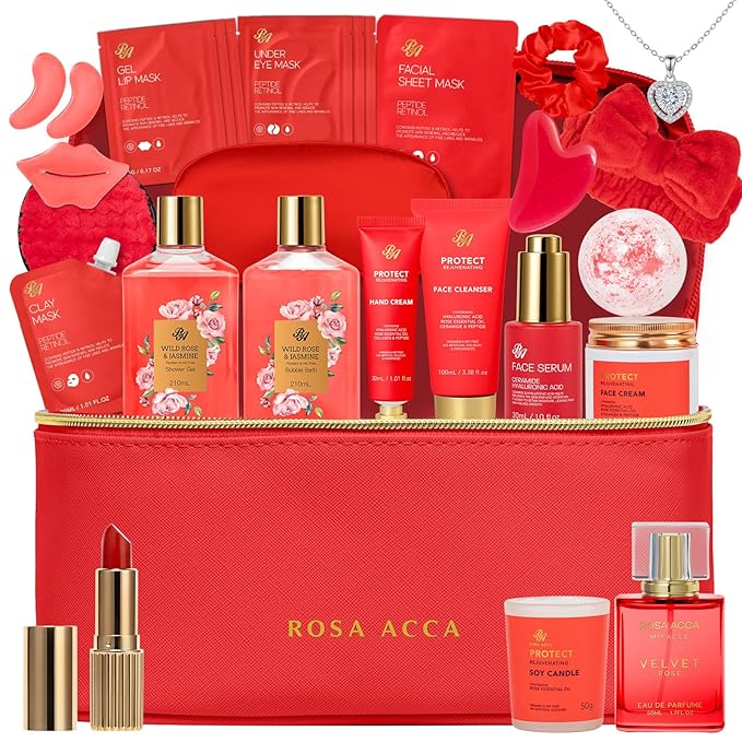 25 Pcs Mother's Day Gift, Red Rose Bath & Body Gift Basket Set for Women, Hydrating Skin Care Set, Home Spa Self Care Gifts, Cosmetic Bag, Necklace, Christmas, Birthday, Anniversary