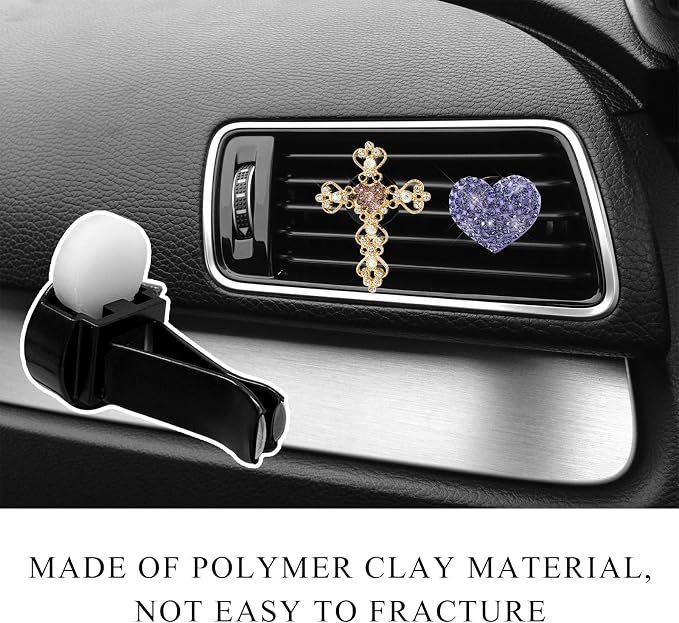 2 PCS Bling Car Vent Clip, Crystal Rhinestone Cross and Heart Car Air Fresheners Vent Clips, Diamond Car Air Conditioner Outlet Decoration Charm for Women, Car Accessories (Purple)
