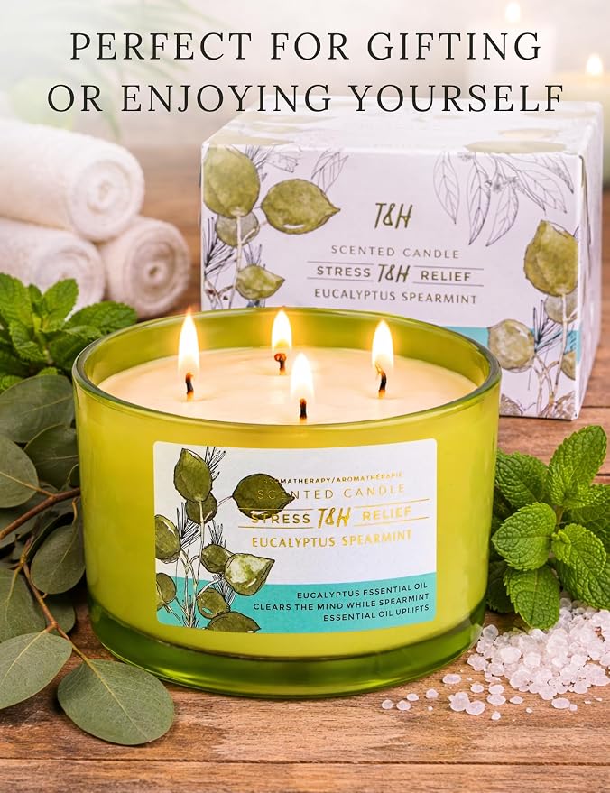 Eucalyptus Spearmint Candle | 4 Wick Extra Large Scented Soy Candle 20 oz | Highly Scented Aromatherapy Stress Relief Spa Candles | Fresh Eucalyptus Mint Home Scent | Long Lasting Clean Burn
