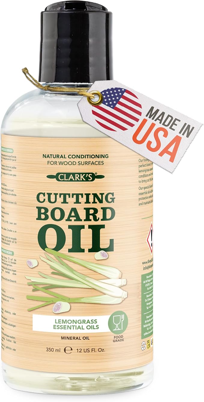 CLARK'S Bamboo Cutting Board Oil - Food Grade Mineral Oil for Wood Cutting Board - Scented with Lemongrass Essential Oils - Butcher Block Conditioner - Restores and Protects Wood - Made in USA,12oz
