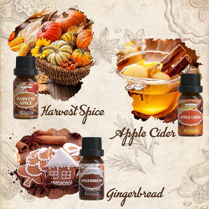ARVIDSSON Autumn Spice Essential Oils Set, Fall Essential Oil for Diffuser - Cinnamon, Pumpkin Pie, Harvest Spice, Apple Cider, Gingerbread, Snickerdoodle, Cozy Fragrance Oils
