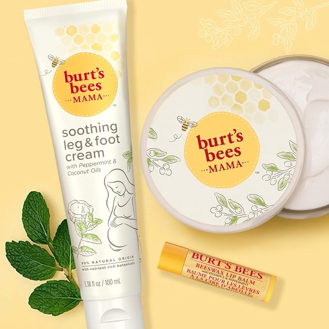 Burt's Bees Mama Gift Set, Includes Lip Balm, Leg and Foot Cream, and Belly Butter, Natural Origin Skin Care, 0.15 oz./3.38 oz./6.5 oz.