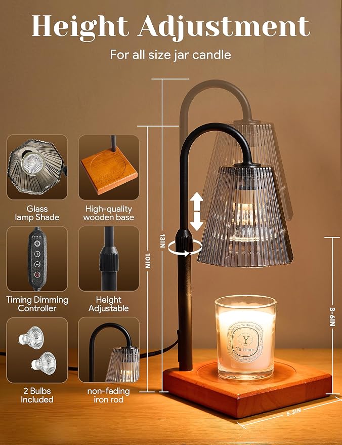 Candle Warmer Lamp with Timer, Dimmable Candle Warmer for Home Decor, Birthday Gifts for Women Mom, Adjustable Height Wax Melt Warmer with 2 Bulbs, Black