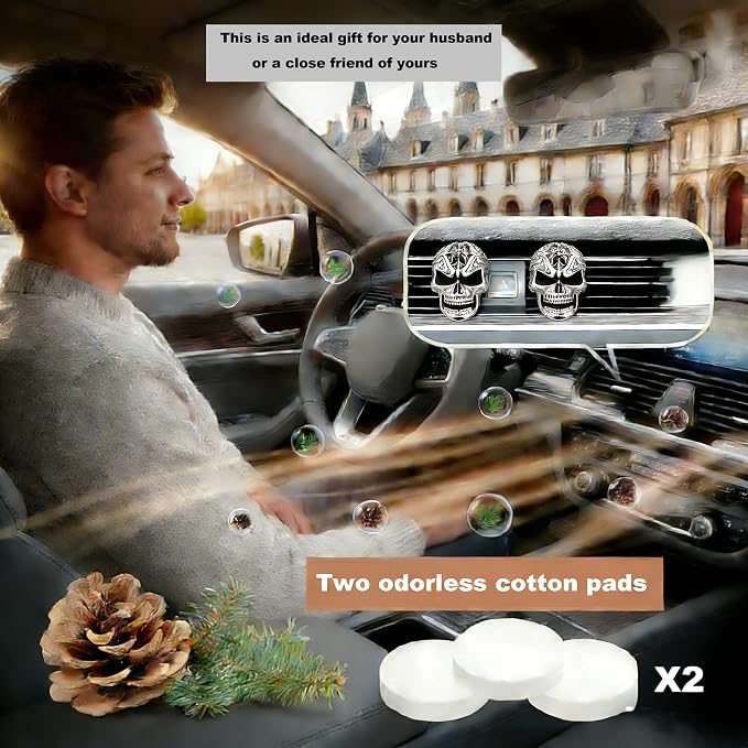 2Pcs Gothic Skull Car Vent Clip Freshener with Cotton Scent Pads | Alloy skull vent diffuser removes odors, suitable for car bathroom Halloween decorative gifts