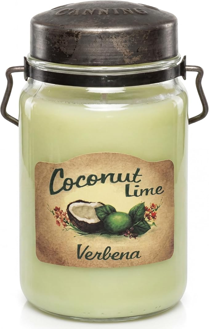 McCall’s Candles | Coconut Lime Verbena | 26 oz Scented Candle | USA-Poured | Vintage Rustic Jar with Carrying Handle | Tropical Citrus & Creamy Coconut Fragrance