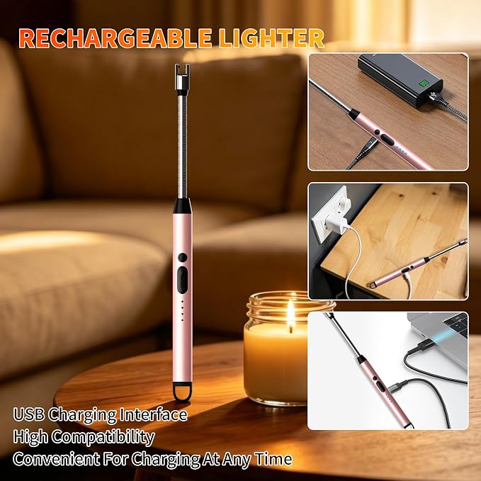 2 Pack Rechargeable Type C Electric Lighters, Rosegold | Flameless and Windproof, Plasma Arc, 360° Long Reach Flexible Neck, LED Power Display, For Candles, BBQ Grill & Camping