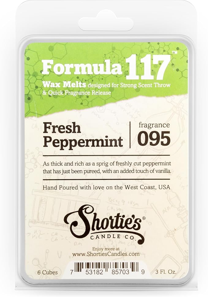 Shortie's Candle Company Fresh Peppermint Premium Wax Melts - 3 Oz., Strong & Long Lasting, Non-Toxic - Made with Essential & Natural Oils - Formula 117