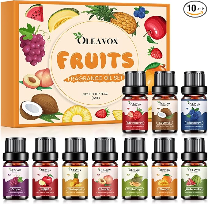 Fruity Essential Oils Gift Set, Premium Fragrance Oil for Candle & Soap Making, Coconut, Strawberry, Pineapple, Mango, Peach, Apple,10x5ml Fruit Aromatherapy Diffuser Oils for Home