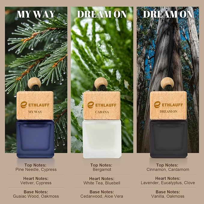 Car Air Freshener 3 Pack - 1 Way, Dream On, Cabana Hotel Collection Diffuser Oil Inspired The One Hotel, Car Fresheners for Women & Men, 45+ days Long Lasting, 0.27 FL OZ/8ML