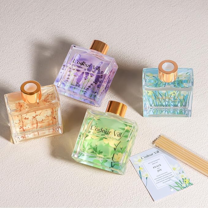 L'odeur Vill Reed Diffuser Set/Jasmine & Lily/3.38 fl.oz（100ML）/1 Pack with 6 Reed Sticks/Home Fragrance Diffuser, Oil Scent Diffuser for Bathroom Shelf Decor.