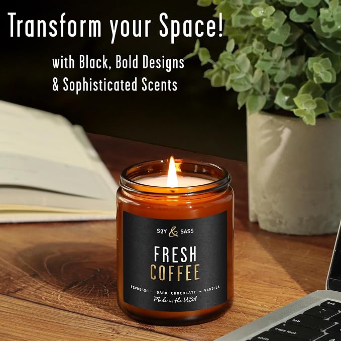 Fresh Coffee Candle - Black Candles for Men or Women - Dark Coffee Beans, Caramel & Vanilla Cream Soy Wax Scented Mens Candle - Infused w/Essential Oils | Long 50Hr Burn, 9oz I Non Toxic I Made in USA
