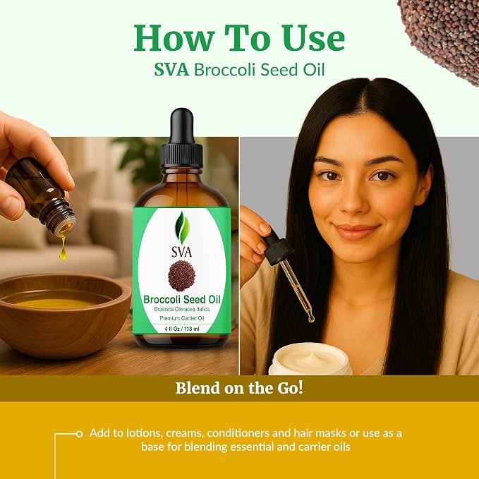SVA Broccoli Seed Oil - 4 Fl Oz – 100% Natural Cold Pressed Broccoli Oil - for Face, Skin Care, Hair Care, Scalp Massage & Body Massage – Carrier Oil with Dropper