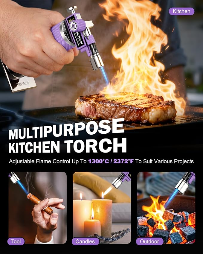 RAVS 2 Flame Mode Butane Torch Lighter, Refillable Kitchen Torch | Metal Body Cooking Torch for Baking, BBQ, Soldering Torch with Adjustable Flame & Safety Buckle,Purple, Gas Not Included