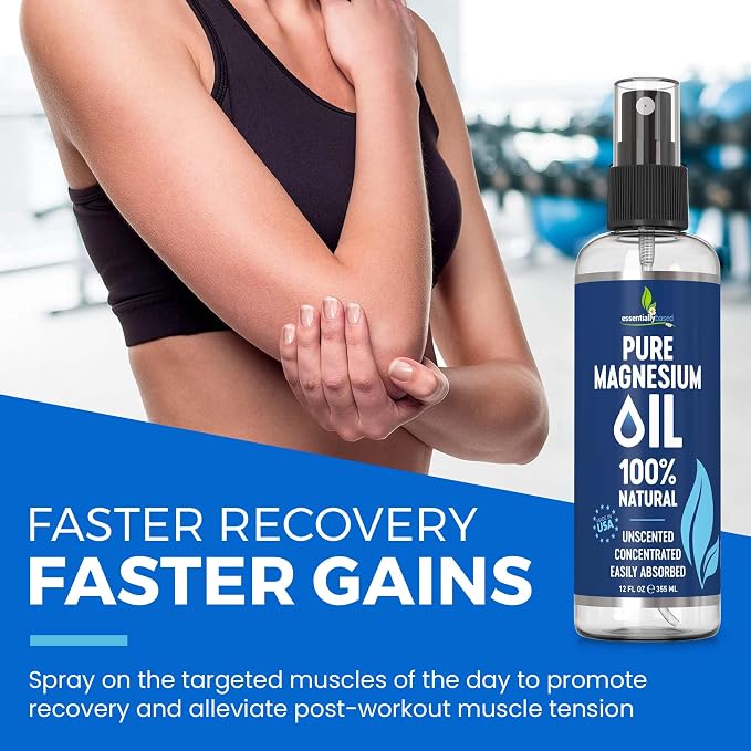 Pure Magnesium Oil Spray 12oz - Topical Magnesium Spray for Sleep & Feet - Extra Strength - USP Grade - 100% Natural and Organic Oil for Muscle Pain & Cramps - Less Sting - Less Itch - Made in USA