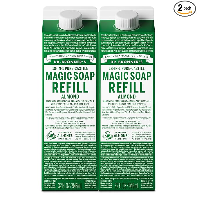 Dr. Bronner's Magic Soap Pure-Castile Liquid Soap Refill - Made with Regenerative Organic Certified Oils - 18-in-1 Uses for Face, Body Wash, Hand Soap Refill, Vegan Bath Soaps- Almond, 2-Pack, 32oz